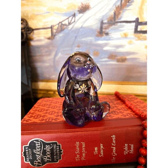 Fenton Other - Vintage Fenton Amethyst Glass Bunny Figurine, Hand Painted Floral Rabbit by P Ja